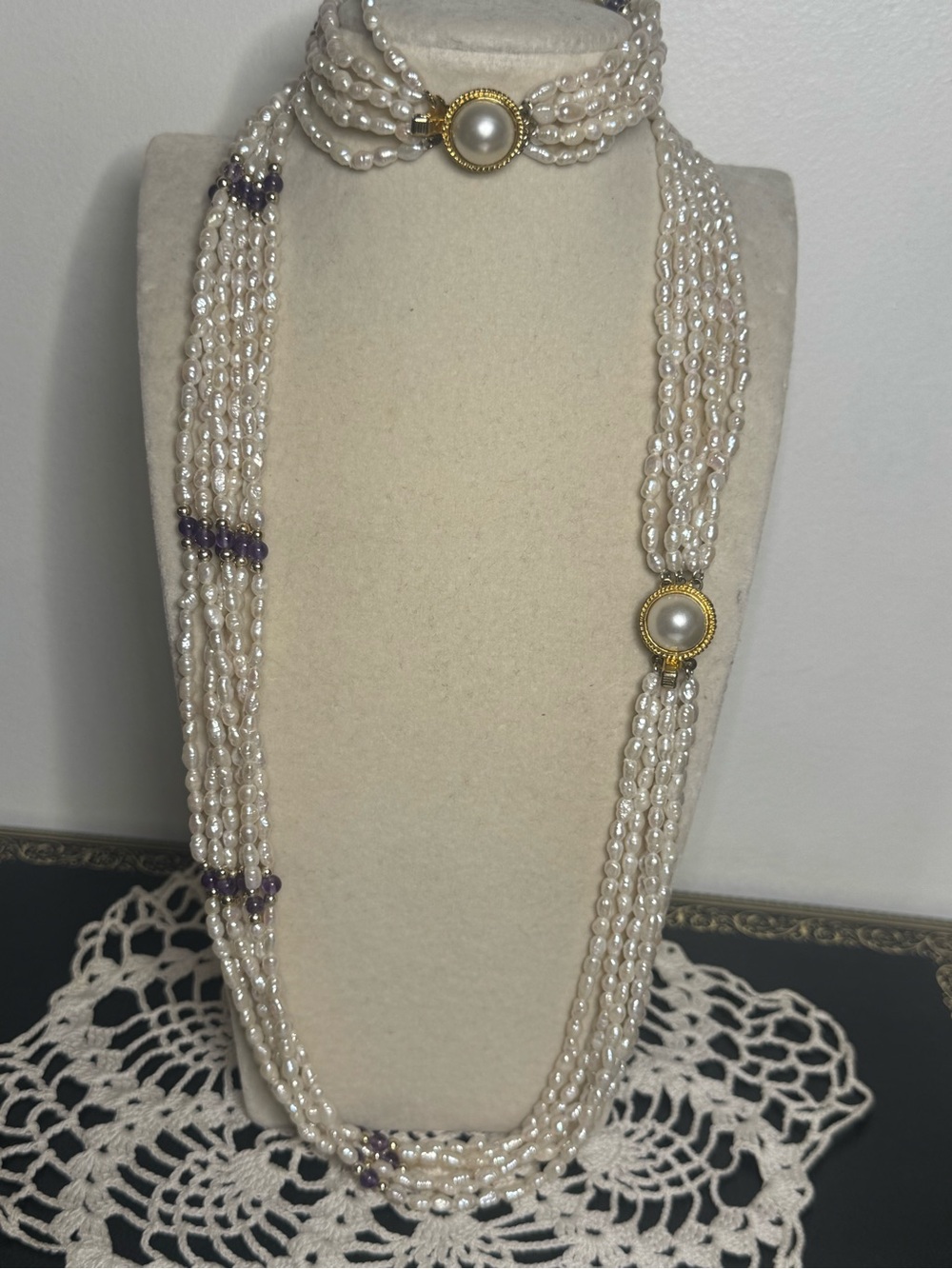 Vintage Multi Strand Rice Pearl & Amethyst Necklace - Bracelet Set